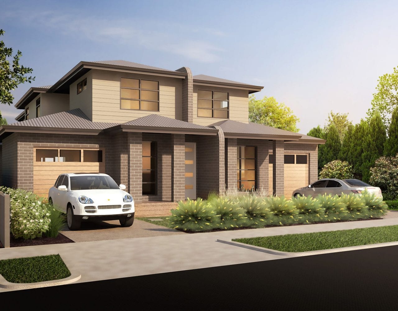 Exterior view of custom dual occupancy home with car parking outside at Darley