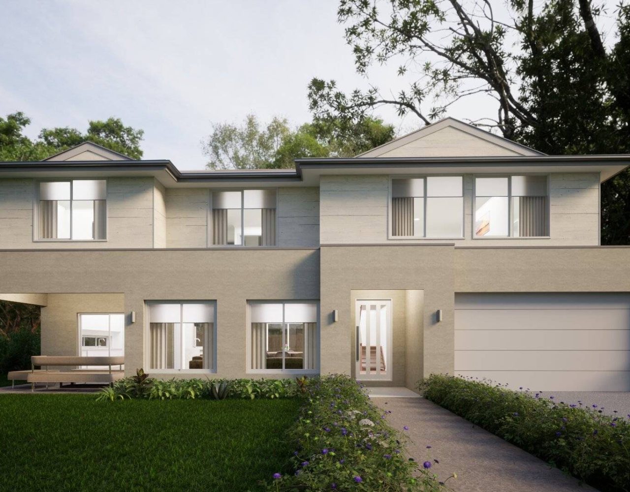 Render of modern home with stone façade