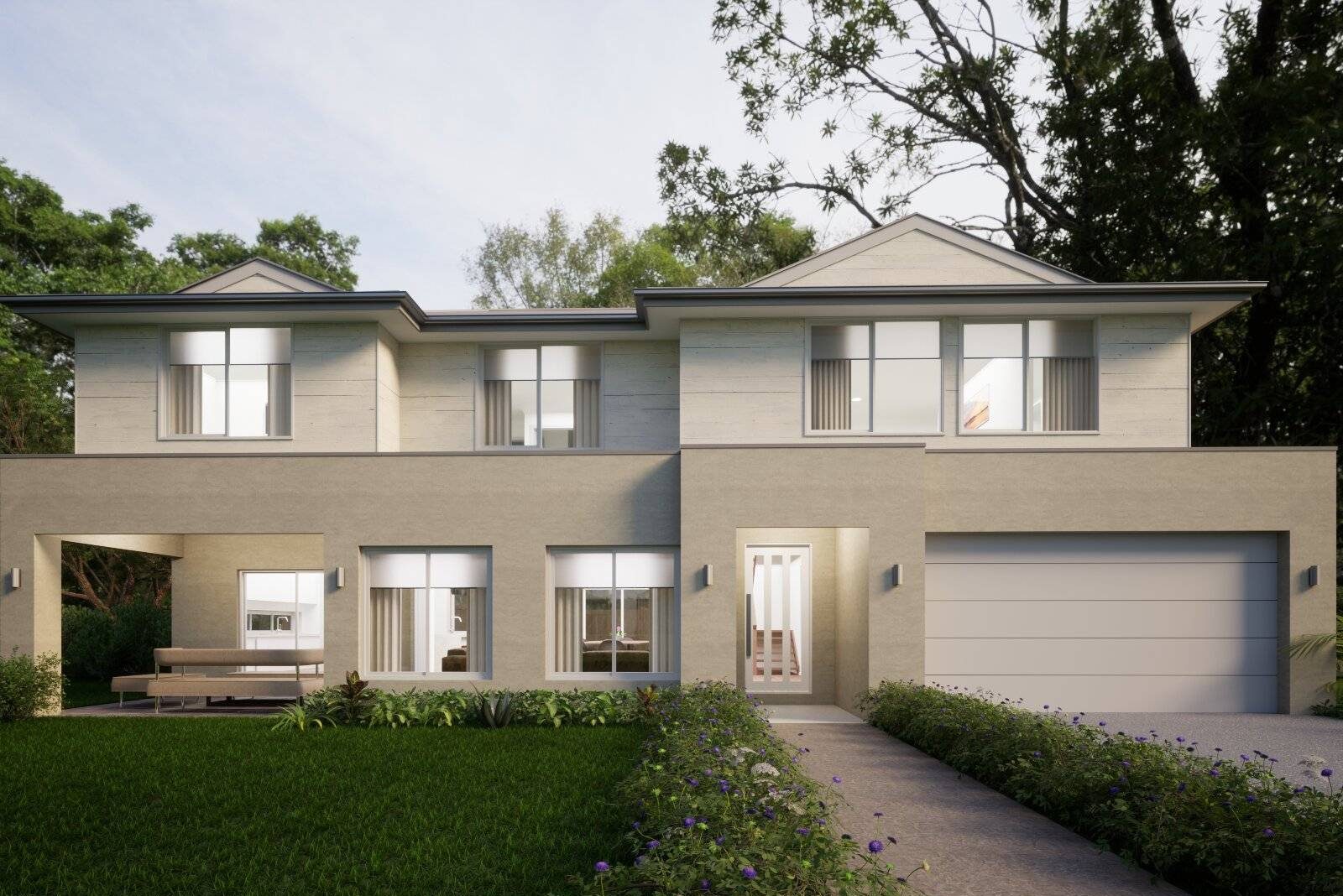 Render of modern home with stone façade
