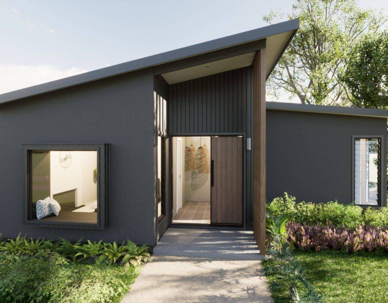 Modern house with slanted roof and black render facade