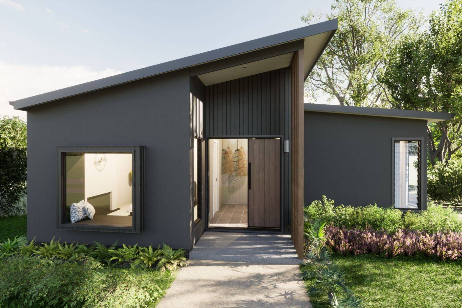 Modern house with slanted roof and black render facade