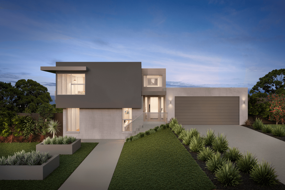 Modern square house, built across sloping land