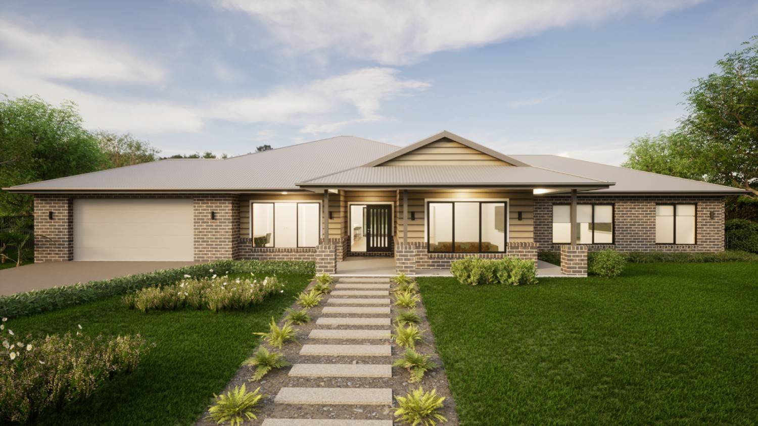 Wide house with tan weatherboards and brown brick walls, and metal roof.