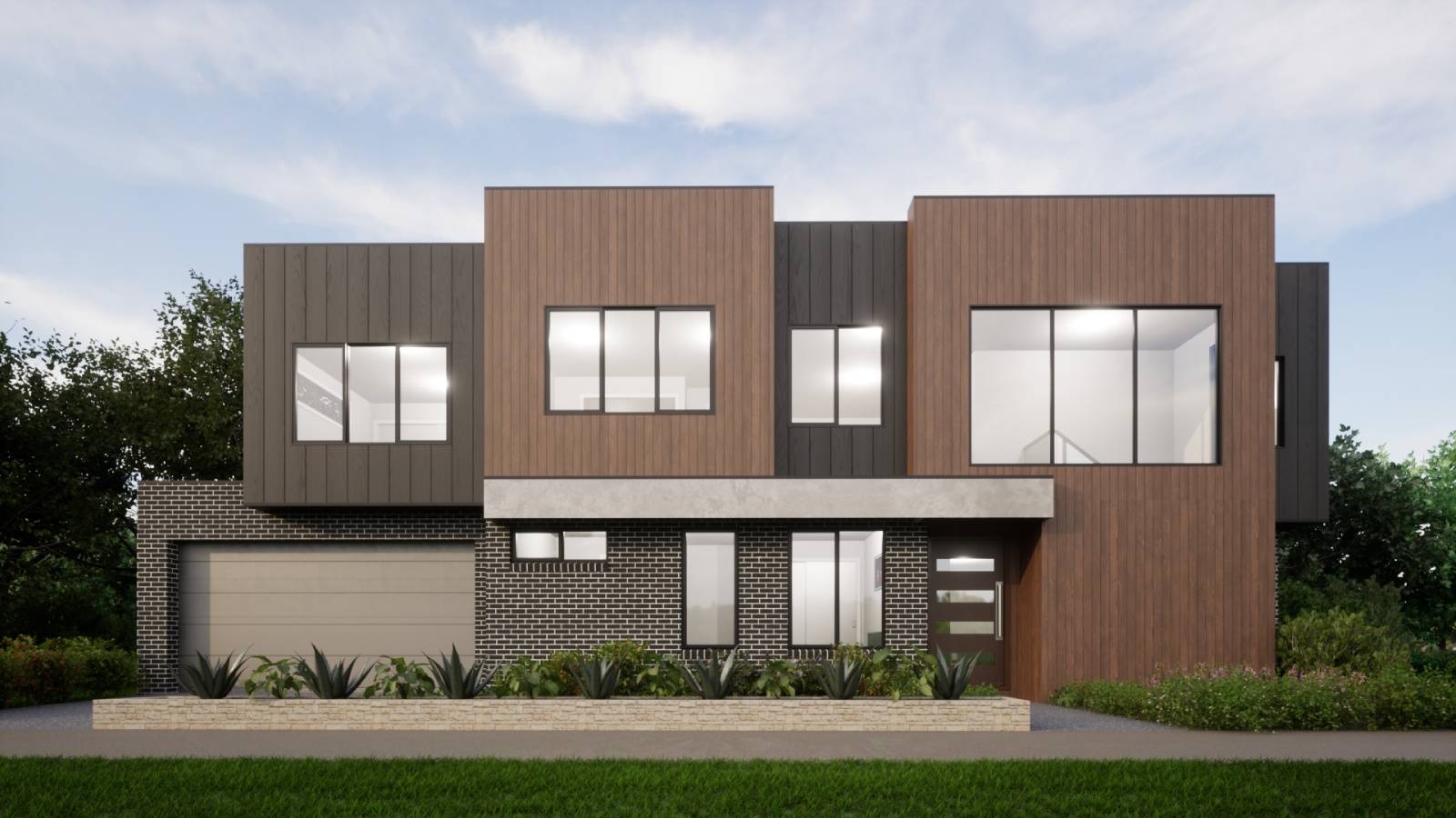 Modern cubic house with different types of wooden walls and brick walls.