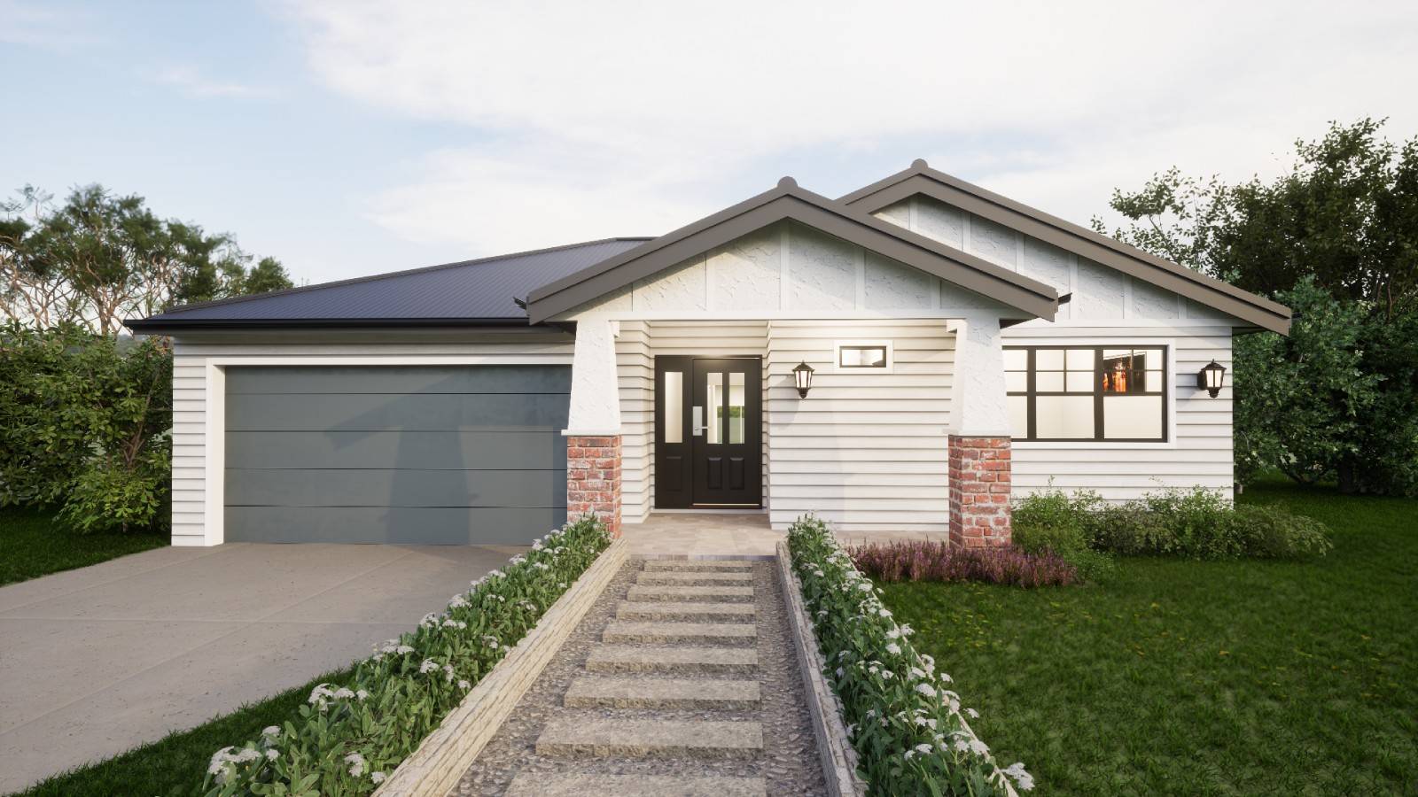 Front house facade. White weatherboard, metal roof, grey garage, stone walk way.