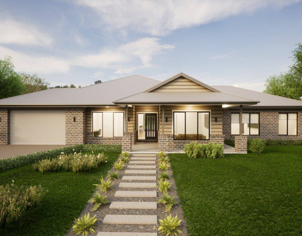 Wide house with tan weatherboards and brown brick walls, and metal roof.