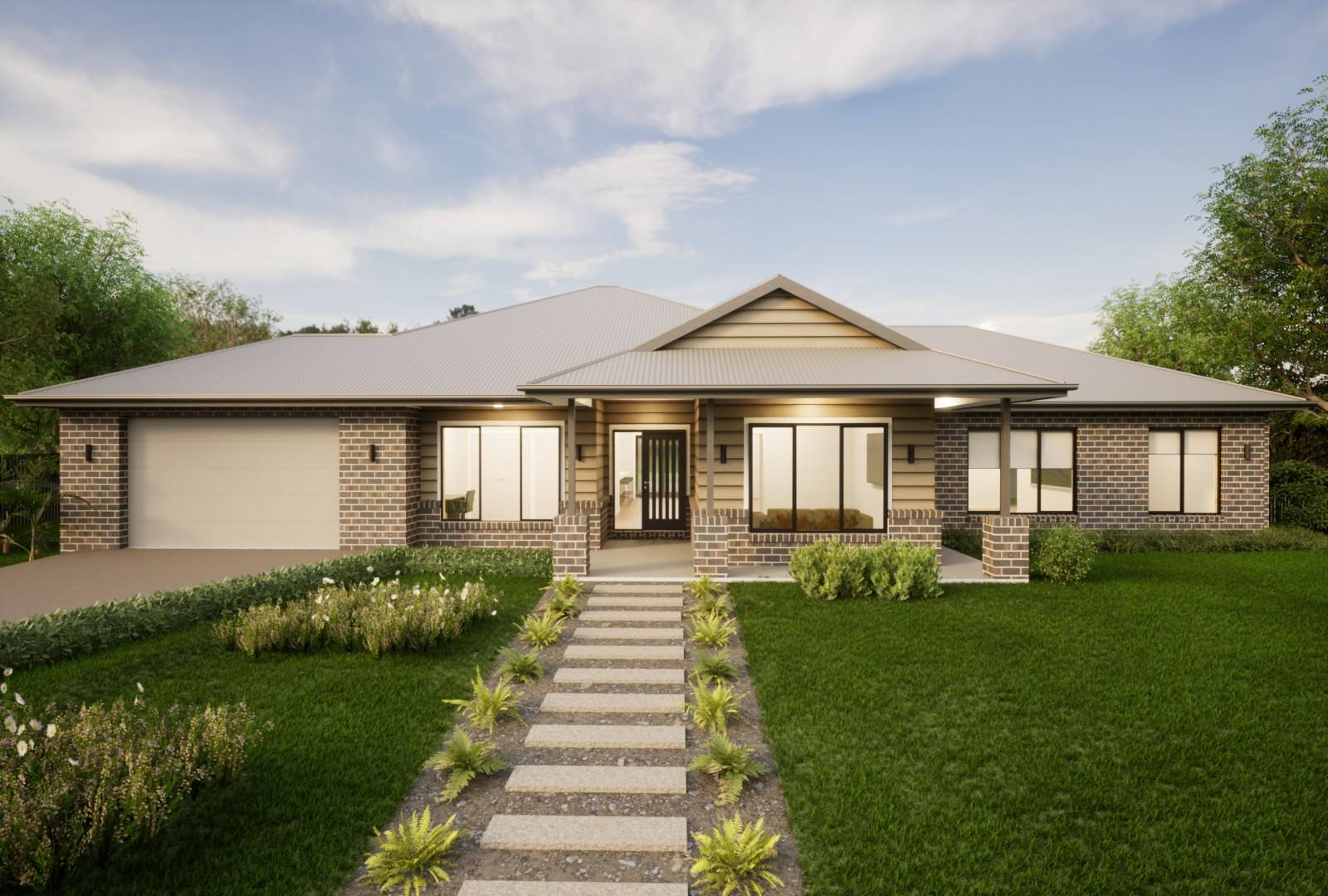 Wide house with tan weatherboards and brown brick walls, and metal roof.